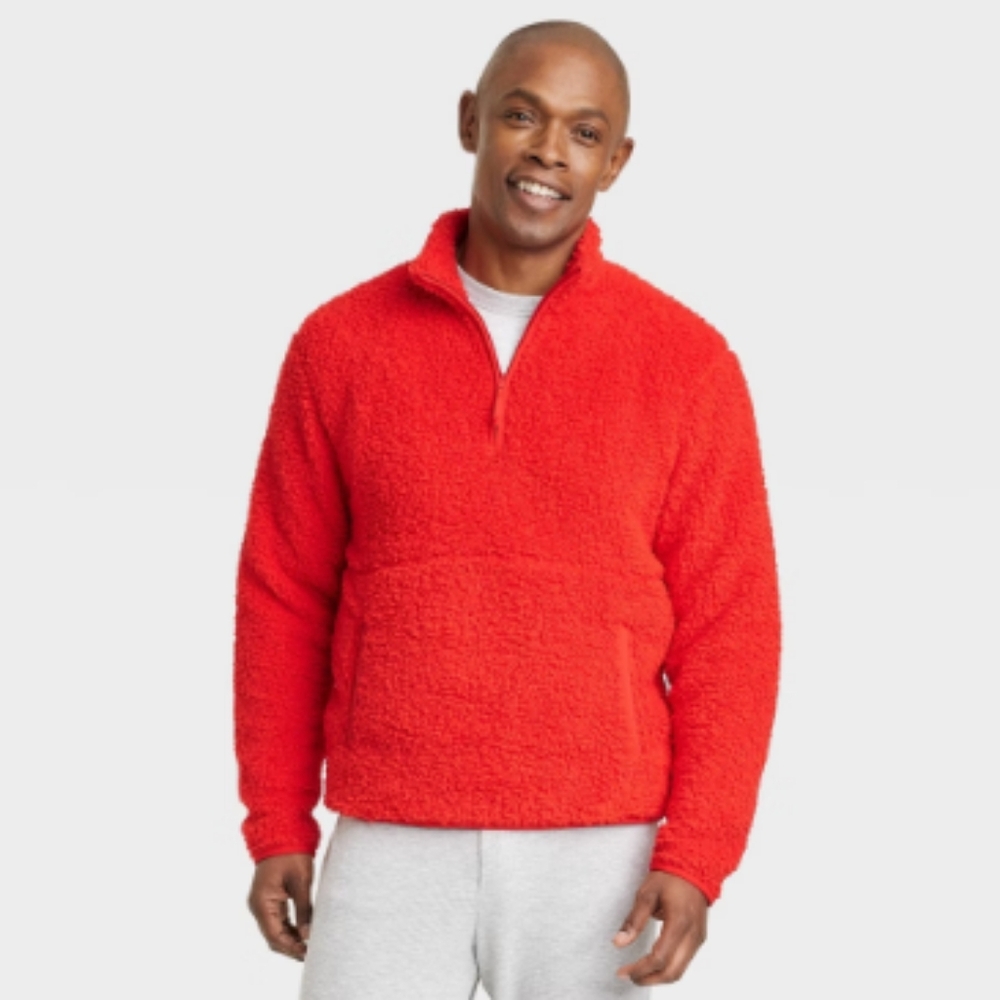 NEW! Men's Faux Shearling Sherpa Half-Zip Pullover, Red - TALL